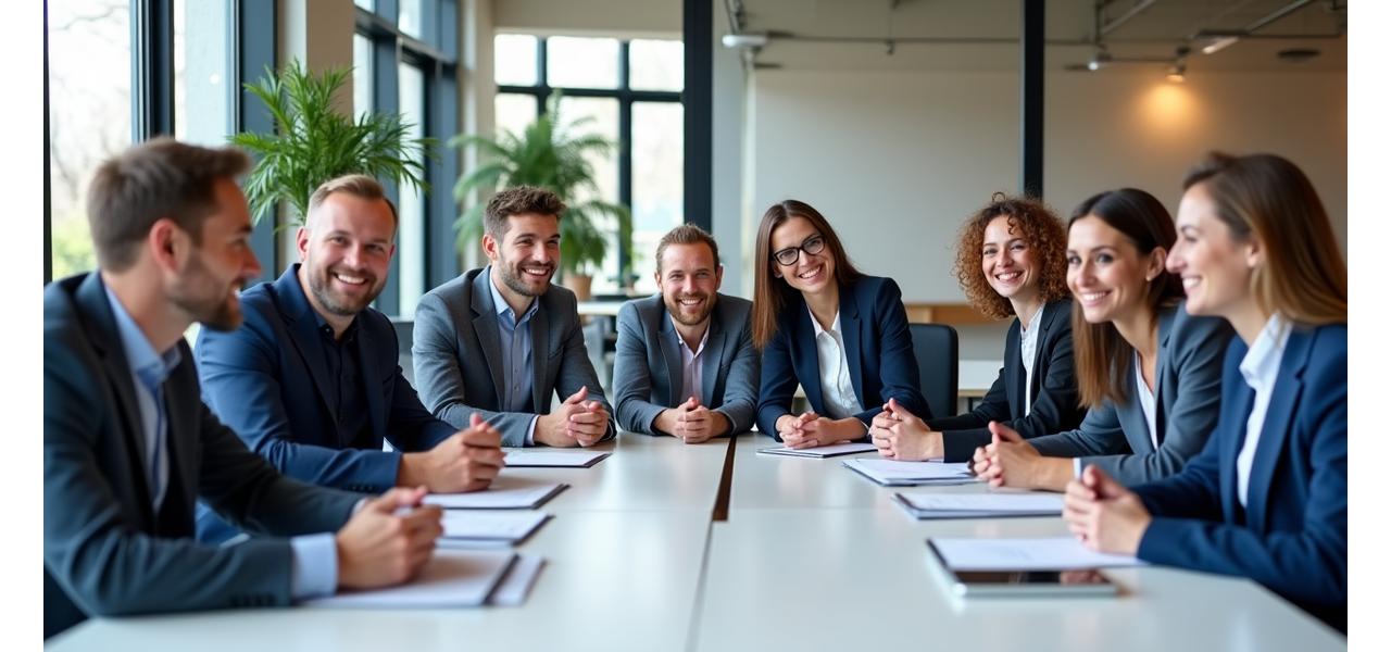 Photo de l'équipe de Luminaire Conseil souriante dans leurs bureaux modernes à Paris, dans une ambiance collaborative