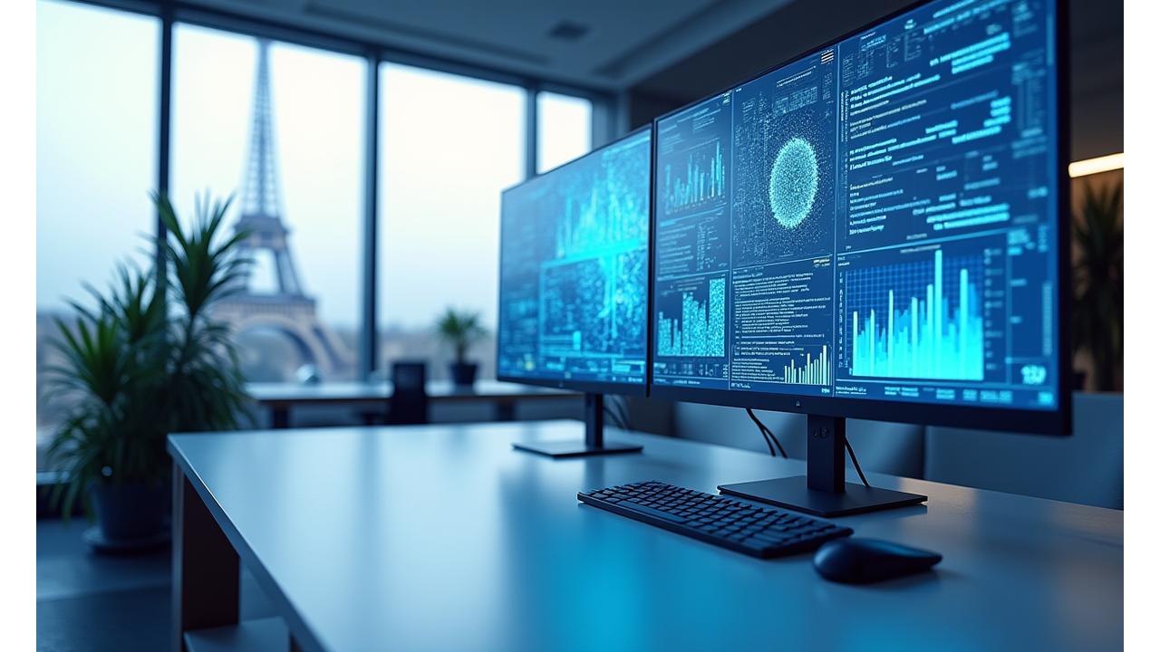 Vue d'ensemble d'un bureau moderne avec des écrans affichant des visualisations de données par IA