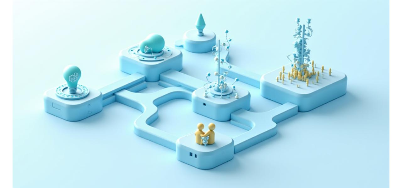 Diagramme stylisé représentant un flux de travail agile avec des icônes d'innovation, développement, test et déploiement IA