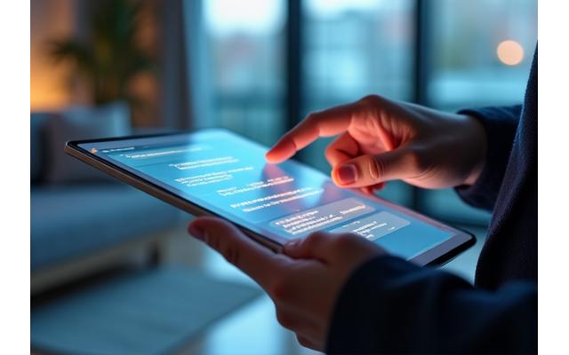 Personne interagissant avec une interface d'IA conversationnelle sur une tablette, illustration la mission de démocratisation