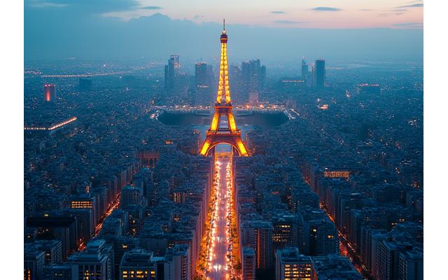 Vue aérienne stylisée de Paris, mettant en évidence un quartier d'affaires animé avec des icônes tech