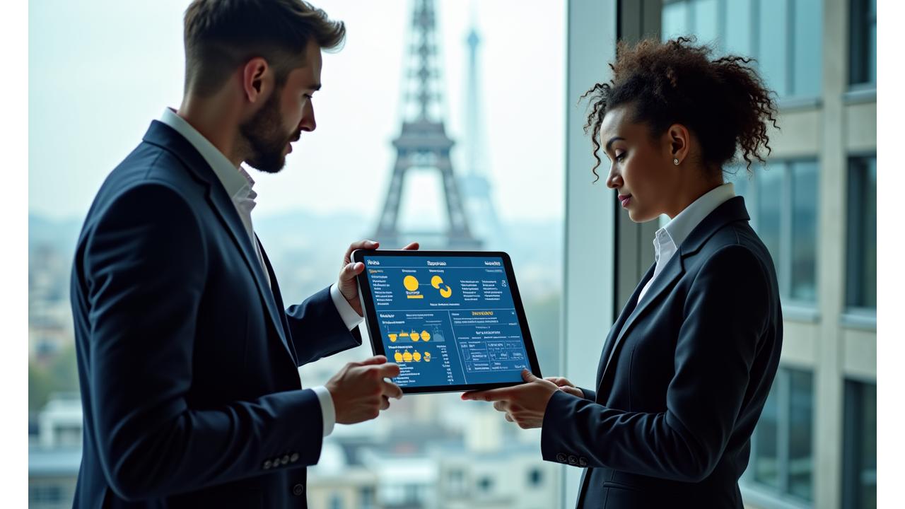 Illustration d'un consultant Luminaire Conseil discutant des processus avec des clients dans un bureau moderne à Paris