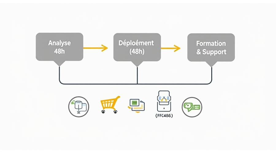 Un graphique chronologique simplifié, illustrant les étapes d'intégration de l'IA (analyse, déploiement, formation, support) avec des icônes de plateformes e-commerce populaires (Shopify, WooCommerce, PrestaShop) et une flèche indiquant une implémentation rapide sous 48h.
