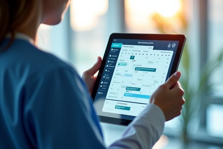 Interface d'un assistant virtuel médical affichant une gestion de rendez-vous fluide et intuitive sur une tablette, avec des icônes de calendrier et de notifications.