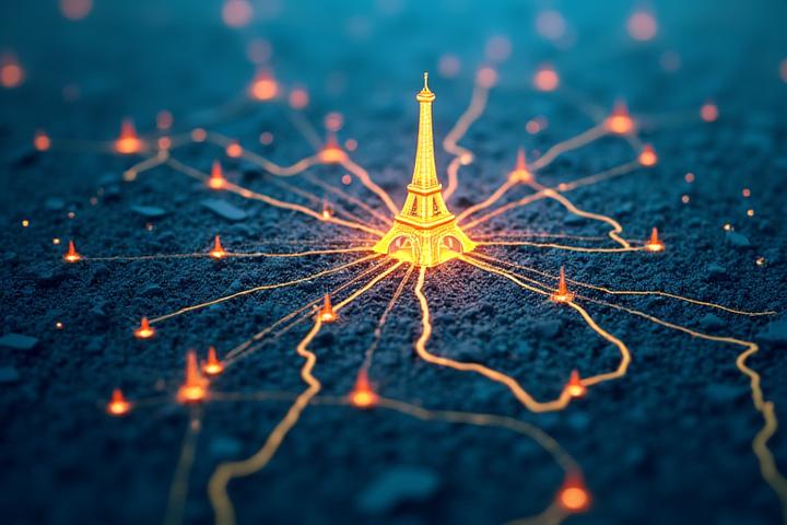 Carte stylisée de Paris affichant des points lumineux et des lignes de connexion symbolisant les intégrations de l'IA avec les hôpitaux, cliniques et réseaux de santé parisiens.