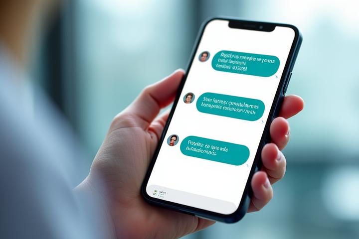 Écran de smartphone affichant des bulles de chat pour une communication patient automatisée, avec des rappels de rendez-vous, des messages de suivi et des suggestions personnalisées.
