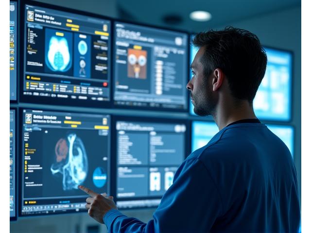 Un chirurgien regardant des écrans avec des données patient et un assistant IA affichant des workflows spécifiques pour des consultations spécialisées.