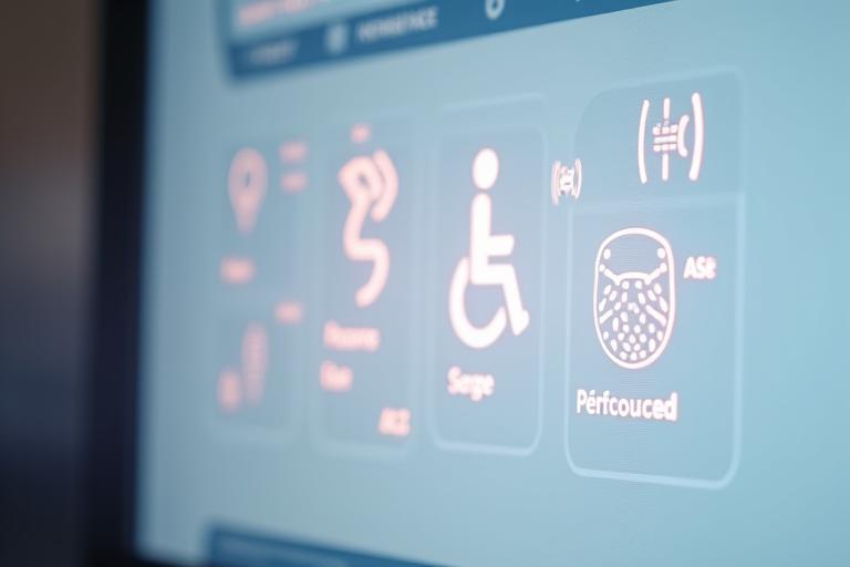 Icônes universelles d'accessibilité superposées sur une interface d'assistant IA, symbolisant l'inclusion.