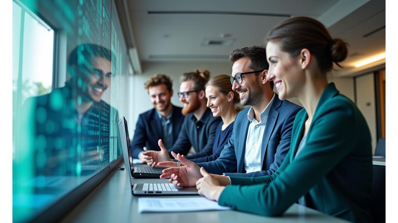 Une équipe souriante de professionnels de l'IA travaillant dans un open space moderne parisien, symbolisant l'accessibilité et la collaboration de Luminaire Conseil.