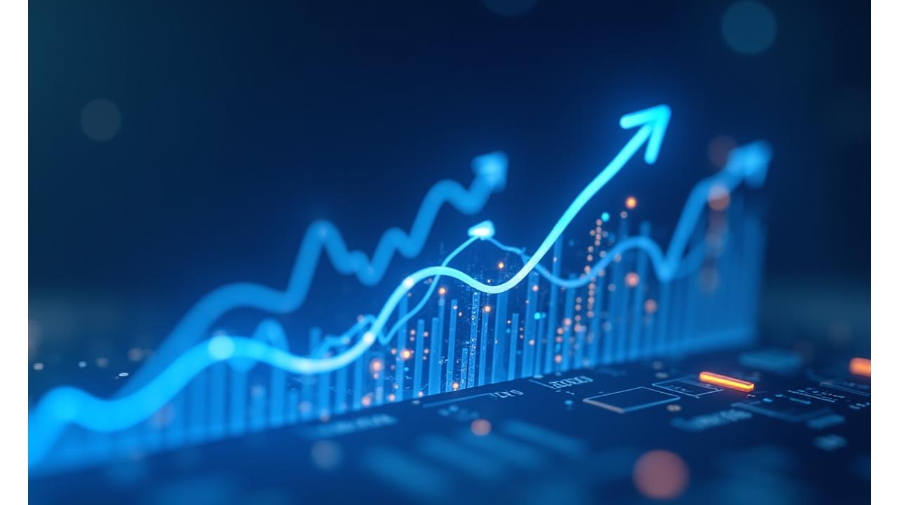 Une interface de tableau de bord e-commerce futuriste avec des éléments d'IA superposés sur des graphiques de ventes et des icônes de paniers d'achat, symbolisant l'augmentation du taux de conversion.