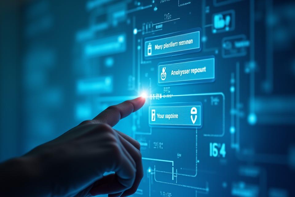 Interface de chat intelligent avec saisie vocale et suggestions de tâches, représentant l'assistant IA de Luminaire Conseil