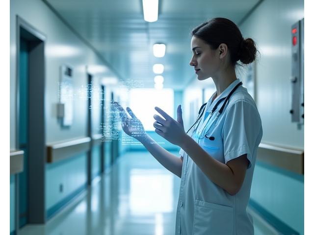 Professionnel de santé interagissant avec une interface digitale IA