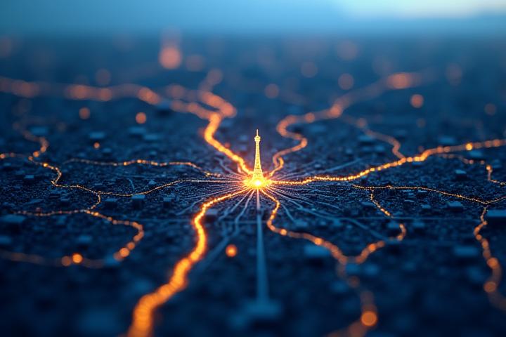 Carte stylisée de Paris avec des points lumineux indiquant l'emplacement de Luminaire Conseil et des cercles d'expertise qui rayonnent