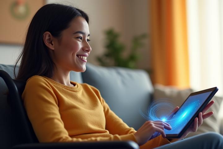 Une personne souriante utilisant un assistant vocal pour interagir avec une tablette, symbolisant l'accessibilité accrue.