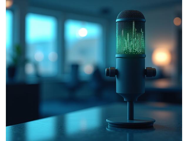 Une main tendue vers un microphone élégant, un spectre audio numérique s'élevant derrière elle, symbolisant l'interface vocale