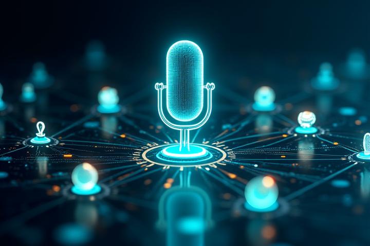 Un schéma numérique abstrait montrant différents logos de logiciels (CRM, ERP, IoT) connectés par des lignes lumineuses à une icône de microphone centrale, symbolisant l'intégration vocale.