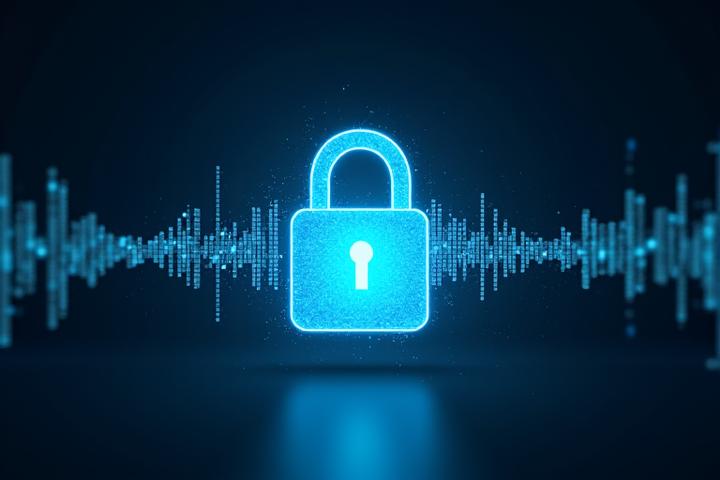 Un cadenas numérique stylisé avec des ondes sonores abstraites l'entourant, symbolisant la sécurité des données vocales.