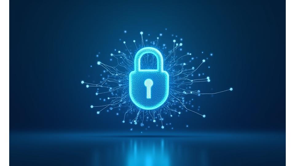 Illustration d'un bouclier numérique symbolisant la protection des données RGPD pour Luminaire Conseil, avec des cadenas et des icônes de données stylisées.