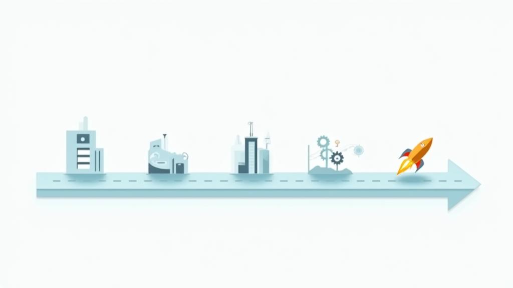 Illustration d'une timeline horizontale montrant les quatre phases d'implémentation de Luminaire Conseil pour les solutions d'IA conversationnelle: Audit, Développement, Tests Pilotes et Déploiement Progressif.