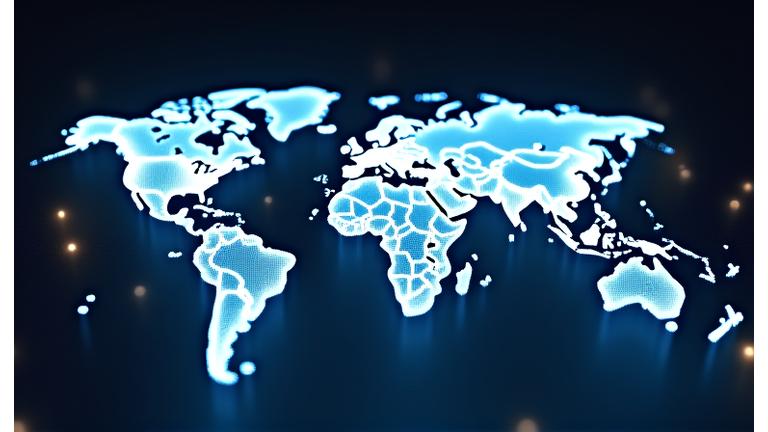 Carte du monde interactive montrant des points lumineux sur différentes régions, symbolisant le support multilingue de Luminaire Conseil.